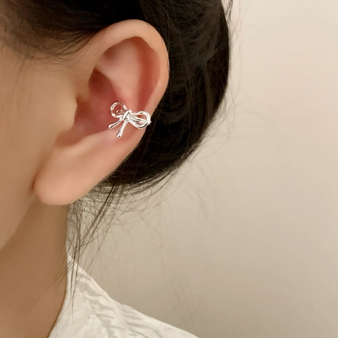 Ear Cuff Con Fiocco Rame Placcato Argento Orecchino Cartilagine Senza Buco Per Donna Gioielli Nastro Minimalista