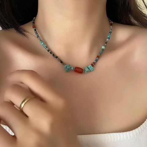 Vintage Handmade Natural Stone Beaded Necklace For Women Bohemian Titanium Steel Agate Clavicle Chain Ethnic Style Jewelry