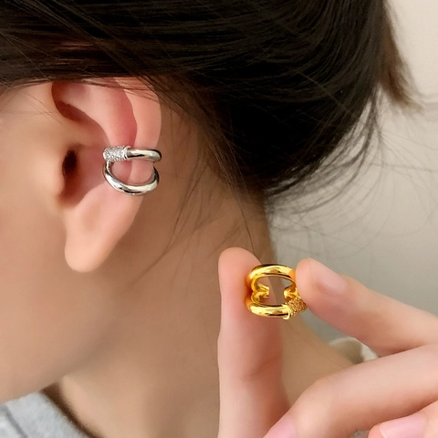 Ear Cuff A Doppio Strato Con Zircone Incastonato Senza Foro Rame Stile Coreano Minimalista Gioielleria Per Donne