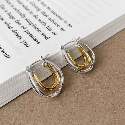 Orecchini A Cerchio Multistrato Bicolore Oro E Argento Gioielli In Ottone Geometrici Intrecciati Da Donna