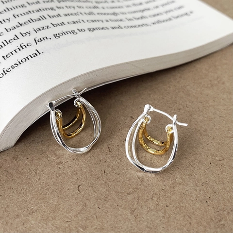 Orecchini A Cerchio Multistrato Bicolore Oro E Argento Gioielli In Ottone Geometrici Intrecciati Da Donna