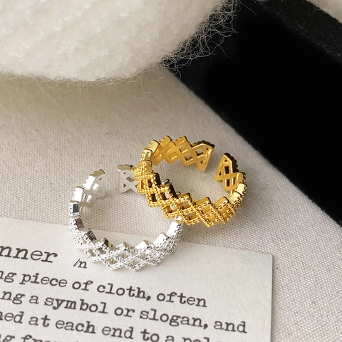 Geometric Hollow Lattice Ring Copper Gold Silver Plated Open Adjustable Diamond Mesh Jewelry For Women Vintage Simple