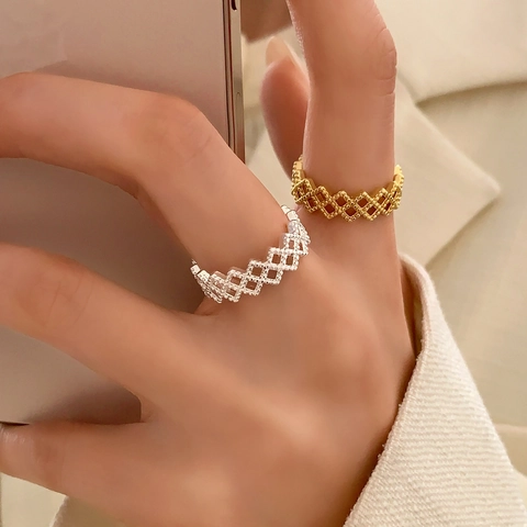 Geometric Hollow Lattice Ring Copper Gold Silver Plated Open Adjustable Diamond Mesh Jewelry For Women Vintage Simple