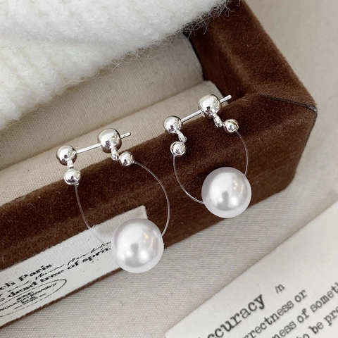 French Minimalist Artificial Pearl Drop Earrings With Silver Plated Copper Earring Post Elegant Geometric Dangle For Women