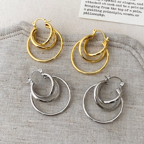 Drielaagse Hoop Oorbellen Koper 18K Verguld Geometrisch Eenvoudig Veelzijdig Exquise Mode Sieraden Voor Dames