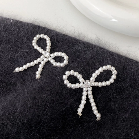 Elegant Bowknot Faux Artificial Pearl Stud Earrings Woven Artificial Pearl Design With Zircon Center French Style Jewelry For Women