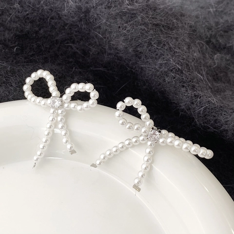 Elegant Bowknot Faux Artificial Pearl Stud Earrings Woven Artificial Pearl Design With Zircon Center French Style Jewelry For Women