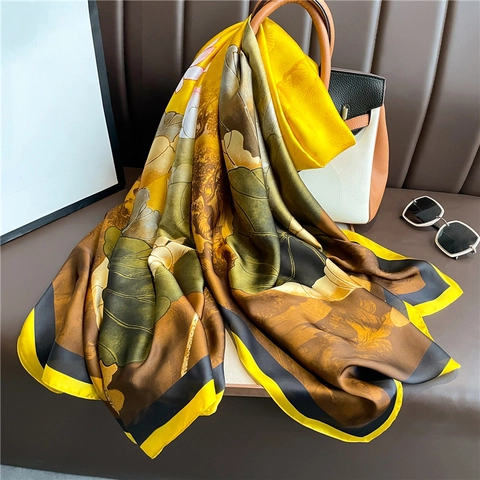Women Large Scarf Shawl Polyester Satin Like Satin Lotus Flower Print Sun Protection Oriental Elegant Luxury Wrap