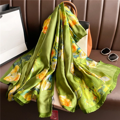 Elegante Schal Mit Blumenmuster Großer Leichter Polyester Satinnsatin Sonnenschutz Reise Strandtuch Für Damen