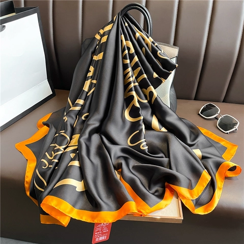 Luxury Letter Print Satiny Polyester Long Scarf Large Sun Protection Shawl Wrap Elegant Fashion Accessory For Women