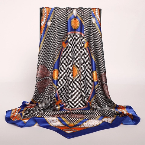 Vintage Houndstooth Square Scarf Satin Polyester Satin Feel Chain Gemstone Print Large Elegant Wrap For Women Headscarf