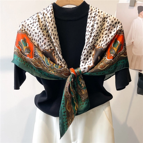 Women Square Satin Feeling Scarf Leopard Paisley Print Polyester Elegant Vintage Neck Head Wrap Decorative Sunscreen