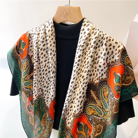 Women Square Satin Feeling Scarf Leopard Paisley Print Polyester Elegant Vintage Neck Head Wrap Decorative Sunscreen