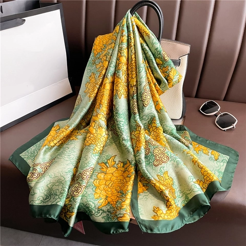 Lange Sjaal Met Bloemenprint Polyester Satijn Grote Omslagdoek Zonbescherming Elegant Chinoiserie Voor Dames