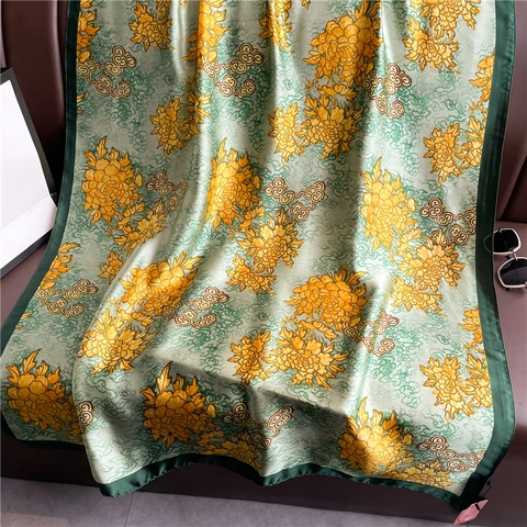 Lange Sjaal Met Bloemenprint Polyester Satijn Grote Omslagdoek Zonbescherming Elegant Chinoiserie Voor Dames