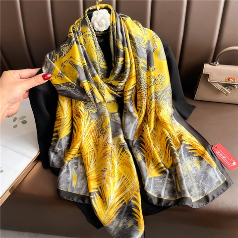 Women Luxury Satin Scarf Large Elegant Printed Palm Leaf Sunscreen Shawl Wrap Lightweight Fashion Accessory