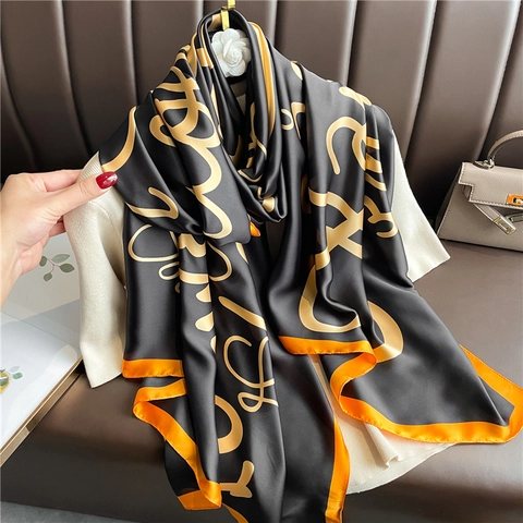 Luxury Letter Print Satiny Polyester Long Scarf Large Sun Protection Shawl Wrap Elegant Fashion Accessory For Women