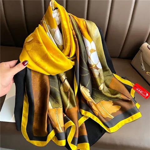 Women Large Scarf Shawl Polyester Satin Like Satin Lotus Flower Print Sun Protection Oriental Elegant Luxury Wrap