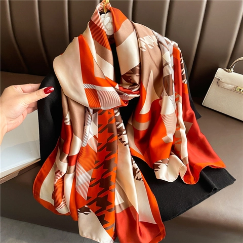 Women Geometric Color Block Scarf Shawl Polyester Satin Houndstooth Print Long Satin Feel Sun Protection Wrap Elegant