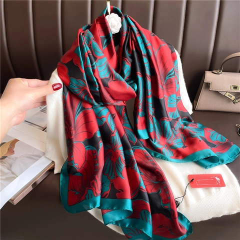 Women Long Floral Print Scarf Satin Like Large Shawl Wrap Polyester Sun Protection Elegant Lightweight Fashion
