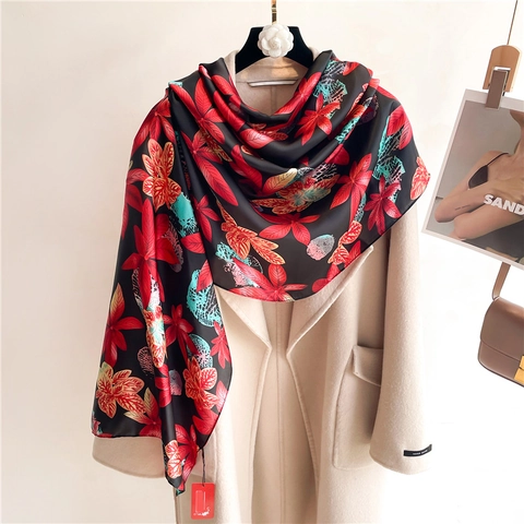Women Long Floral Print Scarf Satin Like Large Shawl Wrap Polyester Sun Protection Elegant Lightweight Fashion