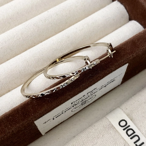 Hoop Earrings Copper Large Lattice Pattern Diamond Cut Texture Vintage Elegant Fashion Metallic Jewelry For Women