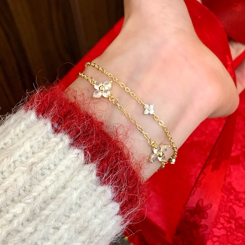 Double Layer Bracelet Copper Cubic Zirconia Four Leaf Flower Pendant Elegant Fashion Jewelry For Women Adjustable Chain