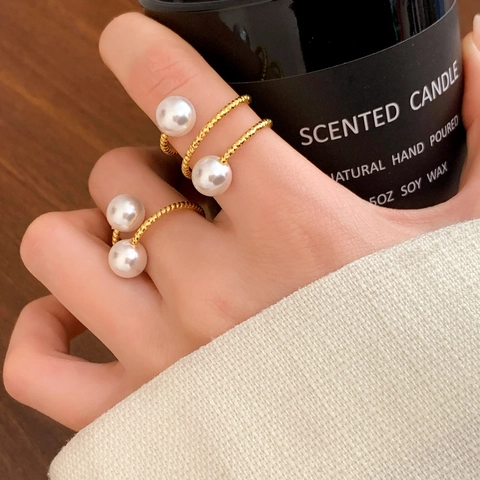Anello Aperto Intrecciato In Rame Placcato Oro Con Perla Artificial Sintetica Gioiello Elegante Regolabile Da Donna