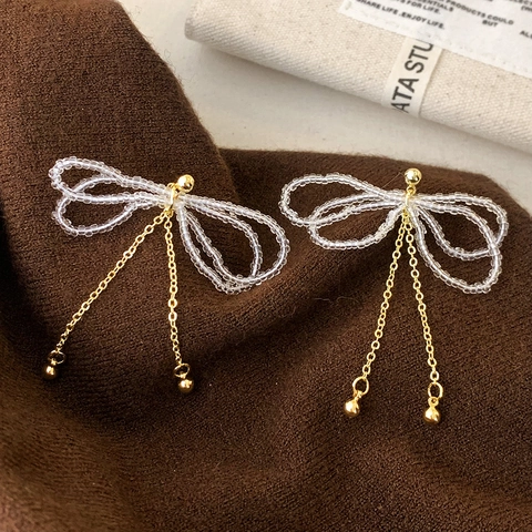 Boucles Oreilles Pendantes Tassel Noeud Perles Cristal Clair Tissé Longues Avec Tige En Cuivre Luxe Élégant Femmes
