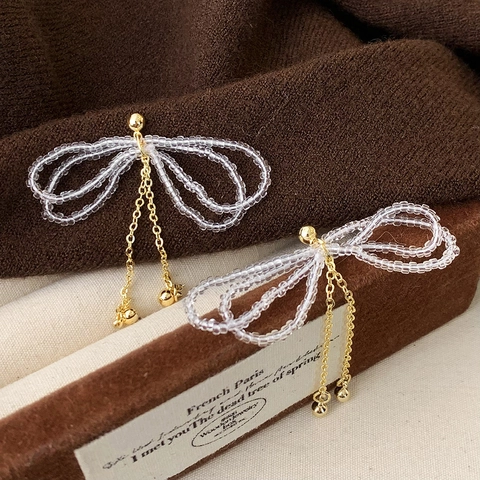 Boucles Oreilles Pendantes Tassel Noeud Perles Cristal Clair Tissé Longues Avec Tige En Cuivre Luxe Élégant Femmes