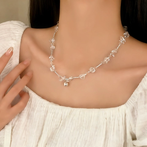 Minimalistische Herzanhänger Halskette Transparente Weiße Kristallsplitter Kupfer Versilbert Schlüsselbeinkette Schmuck Für Damen