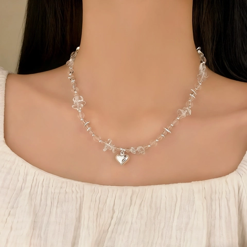 Minimalistische Herzanhänger Halskette Transparente Weiße Kristallsplitter Kupfer Versilbert Schlüsselbeinkette Schmuck Für Damen