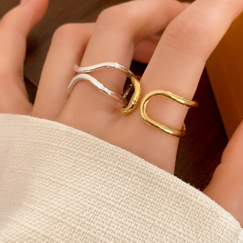 Minimalist Double Layer Open Ring Irregular Wave Geometric Copper Jewelry For Women Fashion Simple Light Luxury Style