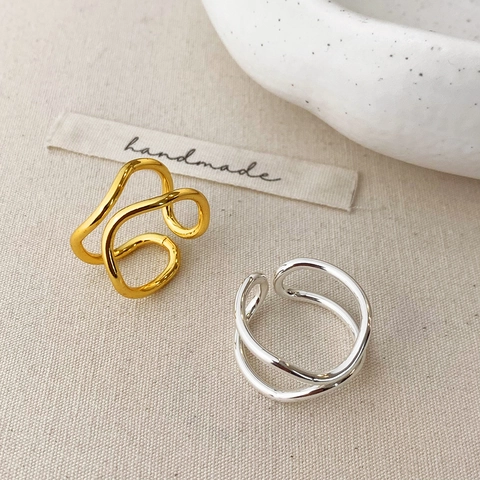 Minimalist Double Layer Open Ring Irregular Wave Geometric Copper Jewelry For Women Fashion Simple Light Luxury Style