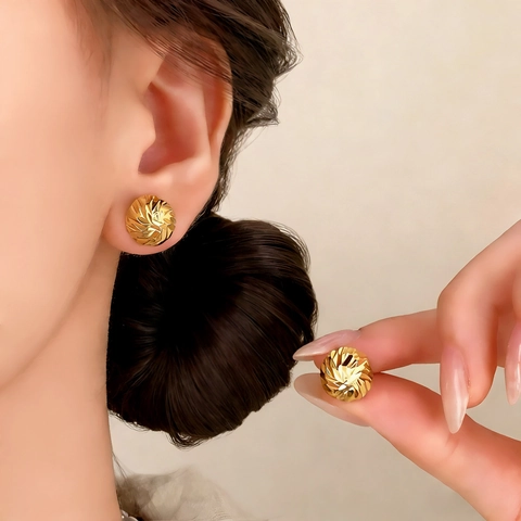 Minimalist Round Stud Earrings For Women With Copper Base Gold Plated Radial Spiral Texture Geometric Jewelry