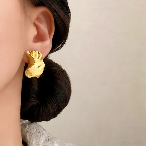 Orecchini A Lobo Onda Irregolare Rame Metallo Lucidato Stile Di Nicchia Minimalista Gioielli Eleganti Accessorio Donna