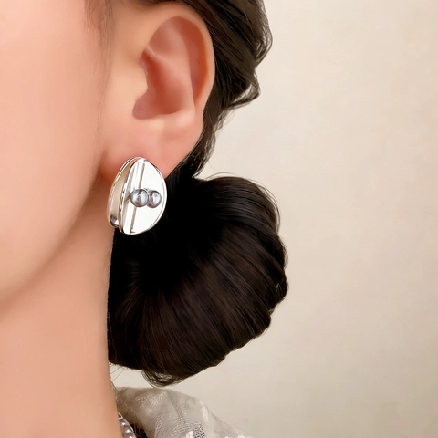 Geometrische Ovale Kupfer Ohrstecker Mit Muschelperle Französisch Retro Elegant Minimalistisch Täglich Für Damen