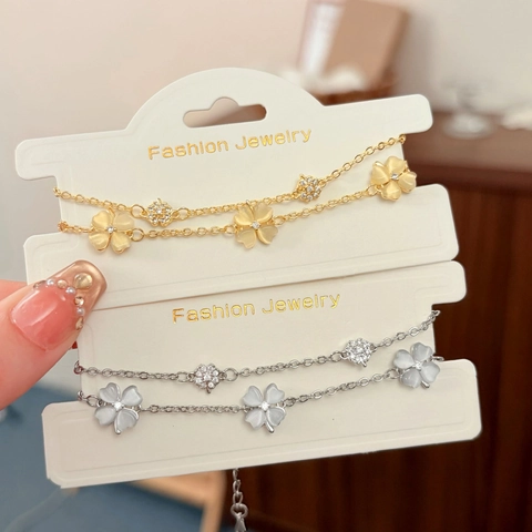 Double Layer Copper Bracelet With Cat Eye Stone Four Leaf Clover Flower Charms Rhinestone Fashion Jewelry For Women