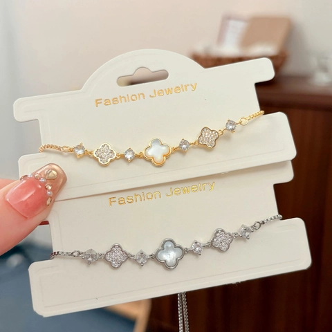 Four Leaf Clover Bracelet Copper White Mother Of Artificial Pearl Cubic Zirconia Adjustable Pull Chain Elegant Jewelry Women