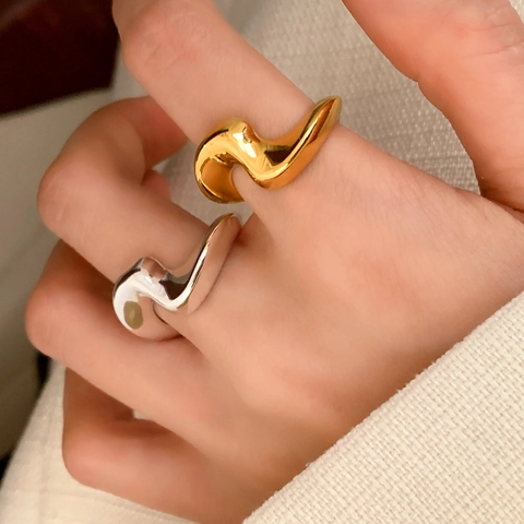 Anillo Abierto De Onda Irregular Cobre Chapado En Oro De 18K Ajustable Minimalista Curva Orgánica Joyería Para Mujeres