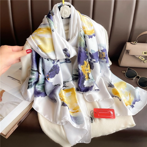 Luxus Damen Schal Satinntextur Ink Floral Print Großer Satin Schal Sonnenschutz Elegant Mode Accessoire