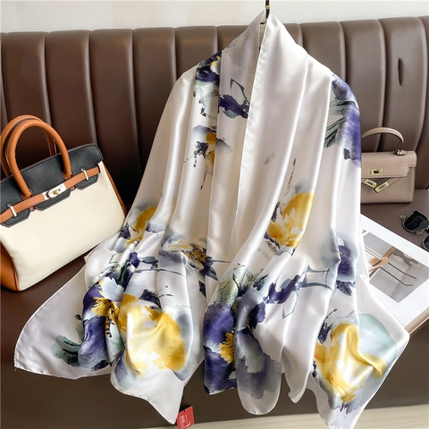 Luxus Damen Schal Satinntextur Ink Floral Print Großer Satin Schal Sonnenschutz Elegant Mode Accessoire