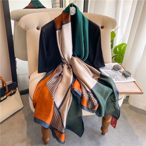 Luxus Großer Geometrischer Farbblock Schal Mode Hahnentrittmuster Seidig Polyester Wrap Für Damen Elegant