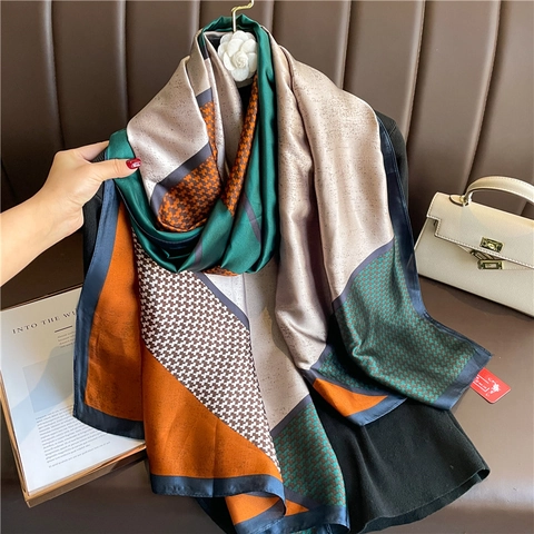 Luxus Großer Geometrischer Farbblock Schal Mode Hahnentrittmuster Seidig Polyester Wrap Für Damen Elegant