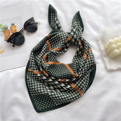 Elegant Houndstooth Print Square Satin Scarf Satin Polyester Versatile Neck Scarf Hair Wrap For Women Fashion Accessory