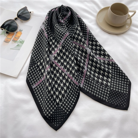 Elegant Houndstooth Print Square Satin Scarf Satin Polyester Versatile Neck Scarf Hair Wrap For Women Fashion Accessory