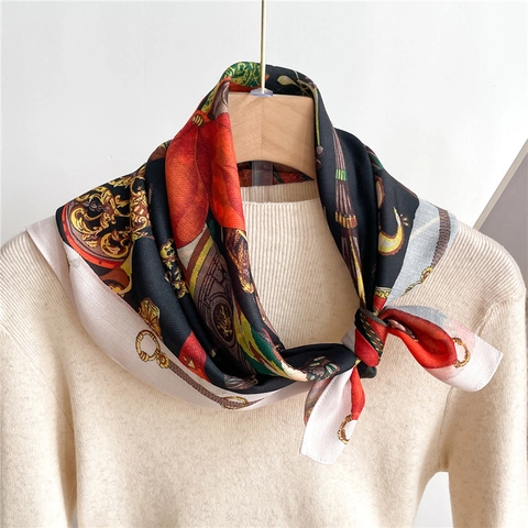 Vintage Floral Print Square Satin Like Scarf Elegant Polyester Satin Bandana For Women Retro Soft Neck Head Wrap