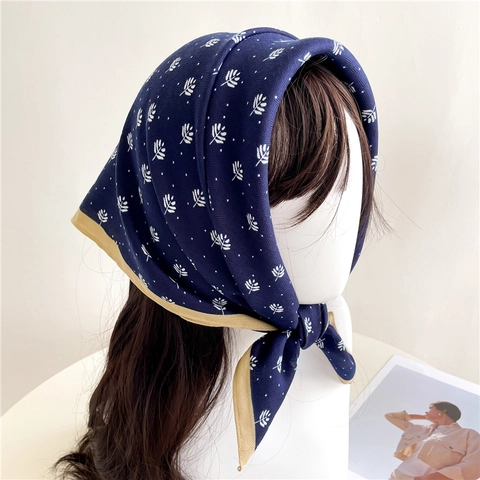Women Square Scarf Leaf Dot Print Herringbone Texture Polyester Satin Like Bandana Fashion Hair Wrap Neck Scarf