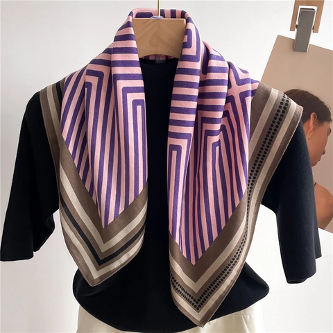 Geometric Pattern Square Scarf Polyester Satin Neck Head Kerchief For Women Elegant Maze Print Striped Fashion Scarf