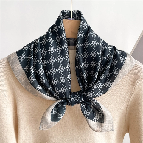 Vintage Square Scarf Satin-Like Satin Polyester Monogram Print Lightweight Neck Head Wrap Elegant Fashion For Women